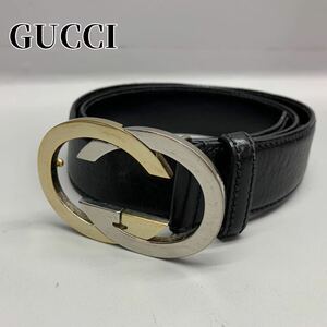 Y■ GUCCI グッチ レザーベルト 全長103㎝ ブラック 黒 ゴールド×シルバー インターロッキングG 革製 イタリア製 8534 ベルト バックル 