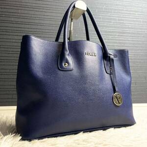 定価10万/A4収納 ●FURLA フルラ メンズ ビジネス トートバッグ ハンド チャーム付き レザー ロゴプレート 内側総柄 3層 ブルー 青