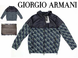 82万新品◆46◆GIORGIO アルマーニ イタリア製ラムレザー×キュプラ　ロゴプリント フロントジップフーディーブルゾン 紺 1円