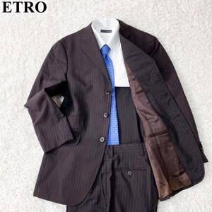 【美品 サイズXL】ETRO エトロ スーツ セットアップ 背広 シングル 3B 三つボタン ストライプ 表記サイズ48 ブラウン 100% ウール メンズ