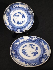 古伊万里 藍柿右衛門 花唐草文 渦福 松竹梅文 草花に家屋図 18cm 中皿 ２客揃 bseptr-68(04下)a2784k(ct)-ct