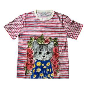 ○ 送料無料 GUCCI グッチ×ヒグチユウコ Tシャツ 半袖 丸首 ボーダー 猫 ギュスターヴ コットン100％ レッド×ホワイト系 レディース 12