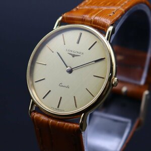 電池新品 LONGINES ロンジン 978 SWISS 6404 クォーツ 絹目ゴールド文字盤 ラウンド スイス製 新品革ベルト ヴィンテージ メンズ腕時計