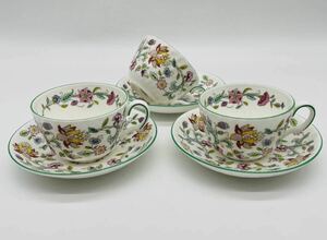 【い-6-50-60】MINTON HADDON HALL カップ＆ソーサー 3客 花柄 ミントン ハンドホール 食器 コレクション グリーン 中古品