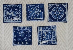 アジアン雑貨 インド製 藍染めプリントコースター ５枚 b