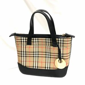 BURBERRY バーバリー ノバチェック トートバッグ ハンドバッグ キャンバス レザー ベージュ 中古