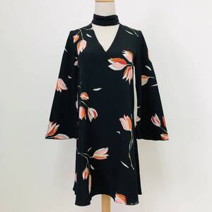 a04100 美品 ZARA BASIC ザラベーシック チュニック ボリューム袖 薄手 S 黒 花柄 レディース レトロチック エレガントガーリーチック