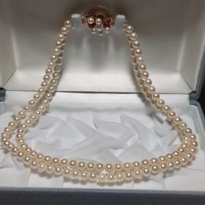 【14Kクラスプ 2連】アコヤ真珠 5.8-6.5mm 44cm ホワイト ネックレス 本真珠 アクセサリー SILVER pearl あこや パール