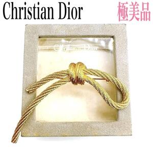 未使用級希少Christian Dior Dior クリスチャンディオール ディオール ブローチ リボン ゴールド系 箱付き プレゼント 卒業式 入学式