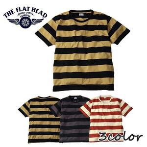 アイボリー×ライトレッド 40(L) THE FLAT HEAD ボーダーTシャツ FN-THB-002 コットン100％ 日本製 ワンウォッシュ