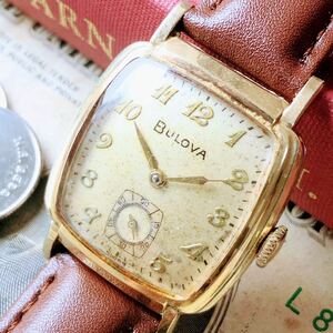 #3095【シックでお洒落】メンズ 腕時計 ブローバ 機械式 手巻き BULOVA 金メッキ 動作品 1957年 アンティーク ヴィンテージ 17石 新ベルト