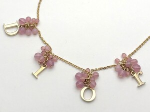 1000円スタート ネックレス Christian Dior クリスチャンディオール ロゴ ピンク ビーズ フラワー ゴールド アクセサリー WHO L3011