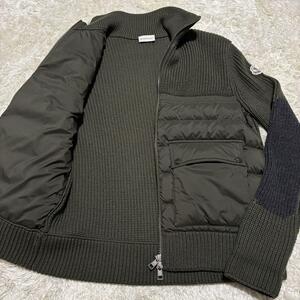 極美品/L相当◆MONCLER モンクレール【CARDIGAN TRICOT ニット切り替え ロゴワッペン 】ダウン ニットジャケット メンズ アウター カーキ