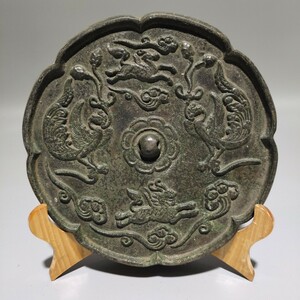 『戦・青銅器彫・飛獣銅鏡』極細工 置物古賞物 中国古玩 中国古美術