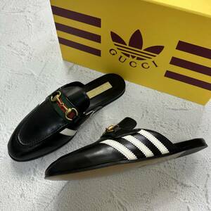 新品未使用 GUCCI adidas 27.5cm グッチ アディダス コラボ シューズ ブラック レザー スリッポン スリッパ ミュール UK8.5 箱有り 正規品