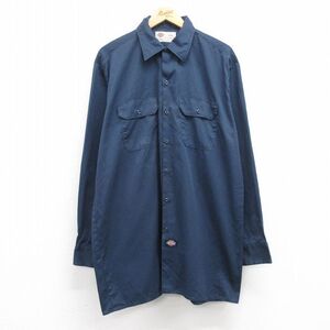 XL/古着 ディッキーズ Dickies 長袖 ワーク シャツ メンズ 00s ロング丈 紺 ネイビー 24nov26 中古 トップス