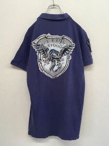 90s　Ed Hardy　エドハーディー　半袖ポロシャツ　パープル　メンズ　Lサイズ　龍　ドラゴン　ビッグイラスト　レトロ　古着