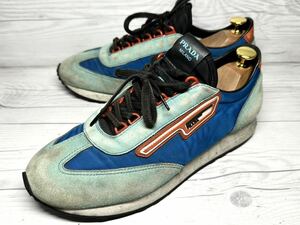 【即決】 PRADA プラダ メンズ 25.5cm程度 イタリア製 6.5 スニーカー 靴 レザー 6276 水色 青 くつ ブランド スエード ナイロン