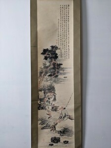 3696 【不明】竹窓　漁夫図　掛軸　肉筆　紙本　布表装　木箱