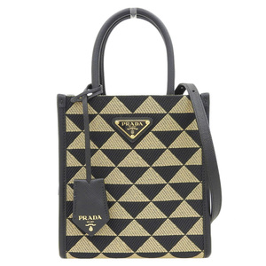 プラダ PRADA シンボル エンブロイダリー ミニバッグ 2WAY ショルダー ファブリック/レザー ブラック/ベージュ 1BA355 美品 新入荷 OB2228