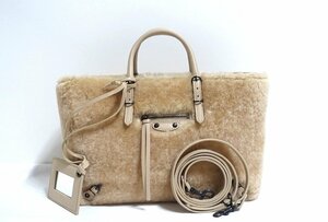 極美品 BALENCIAGA バレンシアガ ペーパー ムートン ファー 2WAY ハンドバッグ ショルダーバッグ 410238 レザー ベージュ系