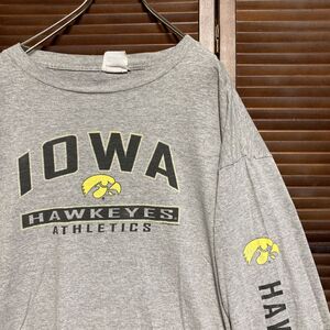 1スタ 再落無し AUOW グレー チーム Tシャツ 長袖 ロンT IOWA ホッケー ゲーム 90s 00s ビンテージ 古着 卸 仕入れ