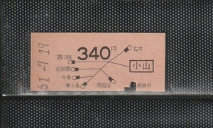 国鉄東京印刷 小山から地図式340円区間 赤地紋 硬券乗車券 下パンチ券 