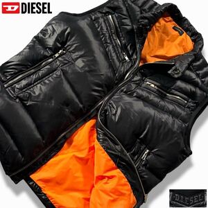 極美品/XLサイズ●DIESEL ディーゼル ダウンベスト ジャケット ジップ アウター ダックダウン 背面ロゴ 裏地オレンジ 自宅洗い◎ 重ね着 黒