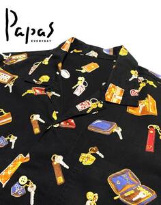 美品【定価3.9万】Papas パパス 総柄 長袖シャツ L(50) 鍵 キーケース プリント送料370円【専門店クリーニング済】日本製 黒 名作モデル