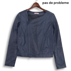 pas de probleme パドプロブレム 羊革 リアル ラム レザー♪ ノーカラー ライダース ジャケット Sz.36 レディース ネイビー　K4T01763_A#O