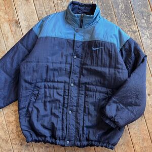 90’s NIKE 中綿ジャケット ナイキ ストリート ミドル丈 ジャケット 中綿 アウター ネイビー 水色 M 90s スポーツ 古着 OLD