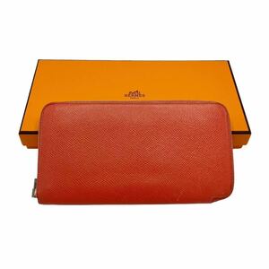 【良品】エルメス HERMES アザップロング シルクイン ヴォーエプソン ラウンドファスナー 長財布 オレンジ ピンク 保管袋付き