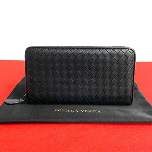 極 美品 BOTTEGA VENETA ボッテガヴェネタ イントレチャート レザー 本革 ラウンドジップ 長財布 札入れ 小銭入れ ウォレット 黒 01668