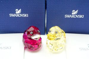 1円〜 スワロフスキー アヒル 鳥 2羽 アニマル 置物 インテリア クリスタルガラス ピンク 黄 イエロー SWAROVSKI 0655k