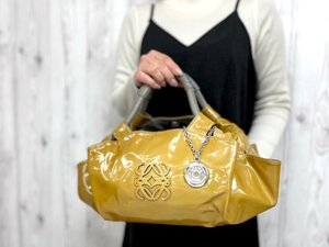 極美品 LOEWE ロエベ アナグラム ナッパアイレ ハンドバッグ バッグ パテントレザー×レザー カーキ系×グレー 79763Y