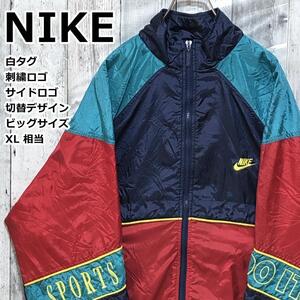 NIKE ナイキ 白タグ 刺繍ロゴ スウィッシュロゴ サイドロゴ XL相当 紺×緑×赤 切替 ジップアップ ナイロンジャケット ジャンバー 90s