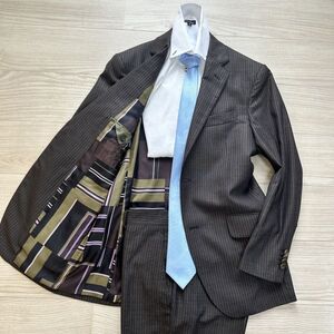 極美品 総柄 エトロ ETRO 極上ウール100％ 艶感★シルク100％ 50(L相当) スーツ シングル セットアップ テーラード メンズ ストライプ