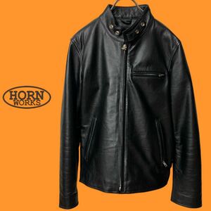 角石 ホーンワークス シングルライダースジャケット Sサイズ 牛革 レザー 黒 ブラック HORN WORKS メンズ