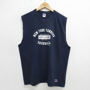 XL/古着 ラッセル ノースリーブ ビンテージ Tシャツ メンズ 00s MLB ニューヨークヤンキース 大きいサイズ コットン クルーネック 紺 ネイ