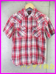 【送料300円可】6080b12◆麻混◆DICKIES ディッキーズ 半袖マドラスチェックシャツ M/ワークジャケット/オールインワン/ウエスタンシャツ