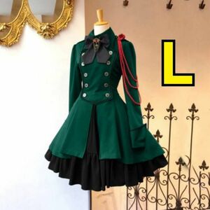 ◆L 軍服 ワンピース グリーン フリル かわいい ロリータ ミニ 衣装