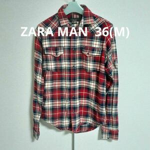 【美品】ZARA MAN シャツ 長袖 レディース 赤チェック柄 36(M)