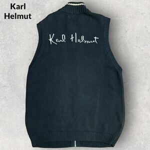 Karl Helmut カールヘルム 90s 00s ロゴ刺繍 ジップアップ ニットベスト ドライバーズニット Lサイズ ブラック オーバーサイズ 古着 褪せ黒