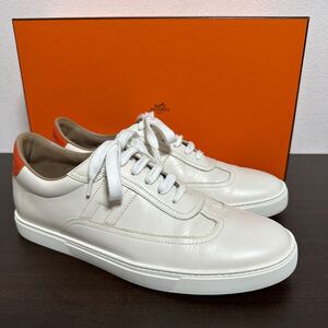 【未使用に近い】HERMES エルメス 現行品 クイッカー レザー スニーカー size 42 白 / オレンジ