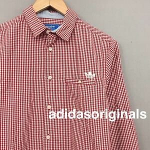 【美品 良品】アディダス オリジナルス adidasoriginals トレフォイル ギンガムチェック 長袖 シャツ レッド ホワイト メンズ Sサイズ ♭▼