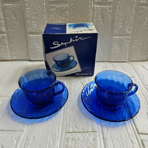 【未使用】 カップ&ソーサー　arcoroc　2個セット　ペア　ブルー　ガラス　食器　コレクション