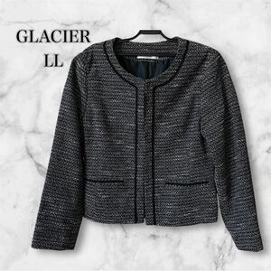 GLACIER 黒白ツィード　ノーカラージャケット　黒ブレード　LL