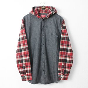 ★美品 Supreme ◆13AW Hooded Plaid Denim Shirt フード付き デニムシャツ (ブラック/レッド XLサイズ) チェック切替 シュプリーム ◆WX8