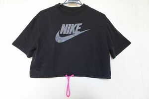 NIKE/ナイキ/半袖プルオーバー/スウェット素材/着丈短め/肌見え/ロゴプリント/裾ドローコード入/ダンス/黒/ブラック/Mサイズ(4/19R6)