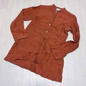 和307★ フランス製 agnes b. アニエスベー シャツジャケット ボタンシャツ バンドカラー 1 ライトブラウン レディース リネン